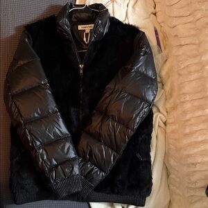 Elizabeth and James Black Puffer coat with Fur.